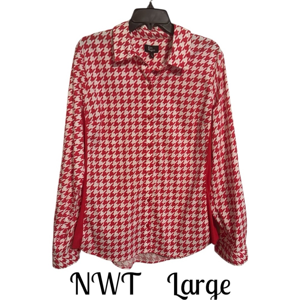 NWT RED/WHITE HOUNDSTOOTH BUTTON DOWN SHIRT LARGE #CL - Picture 1 of 8